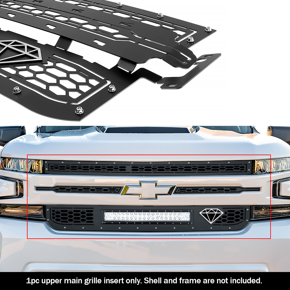 Fits 2019-2021 Chevy Silverado 1500 Main Upper Stainless Black Mesh LED