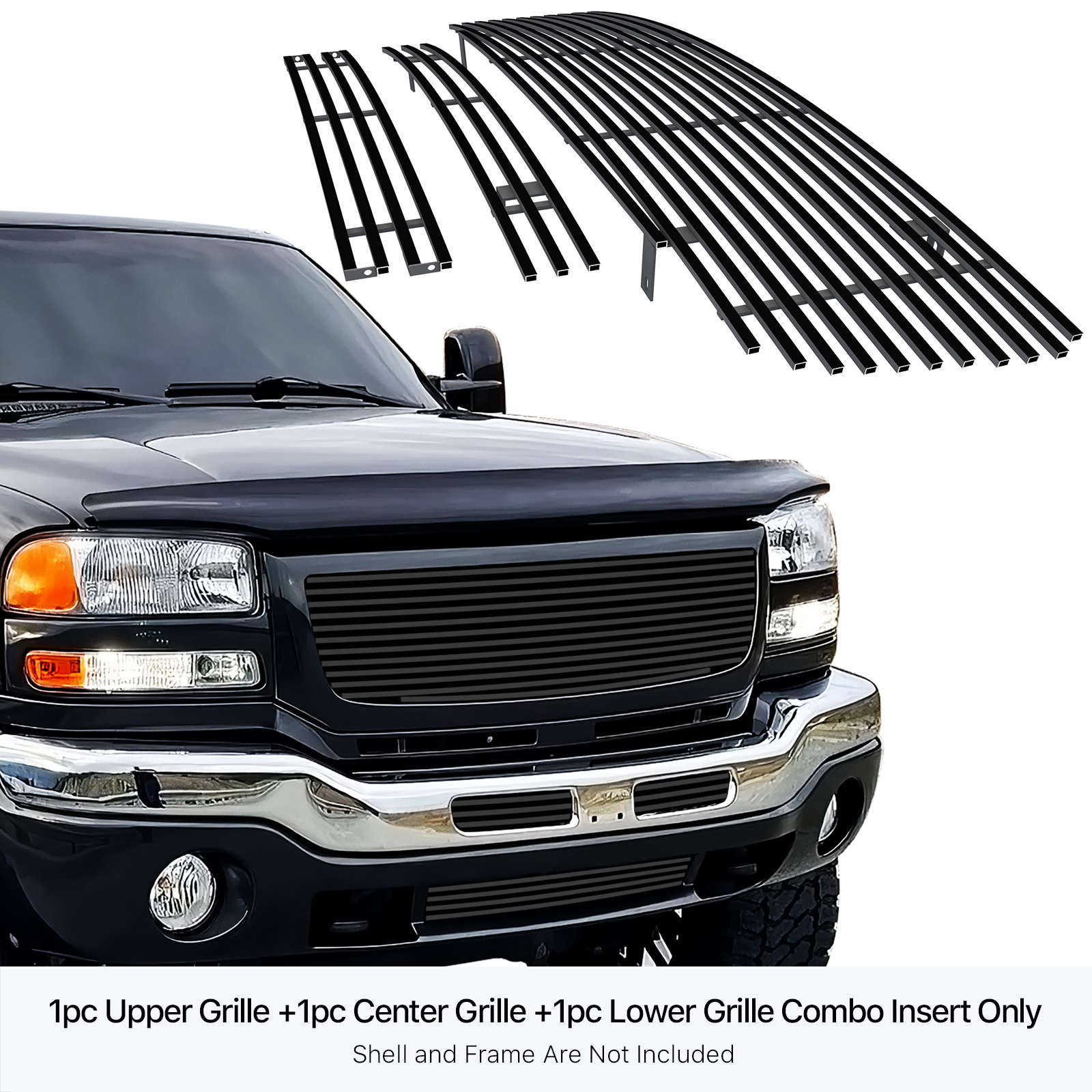 APS for 2003-2006 GMC Sierra 1500/2500HD/3500 Stainless Black Billet Grille Combo #N19-J87978G